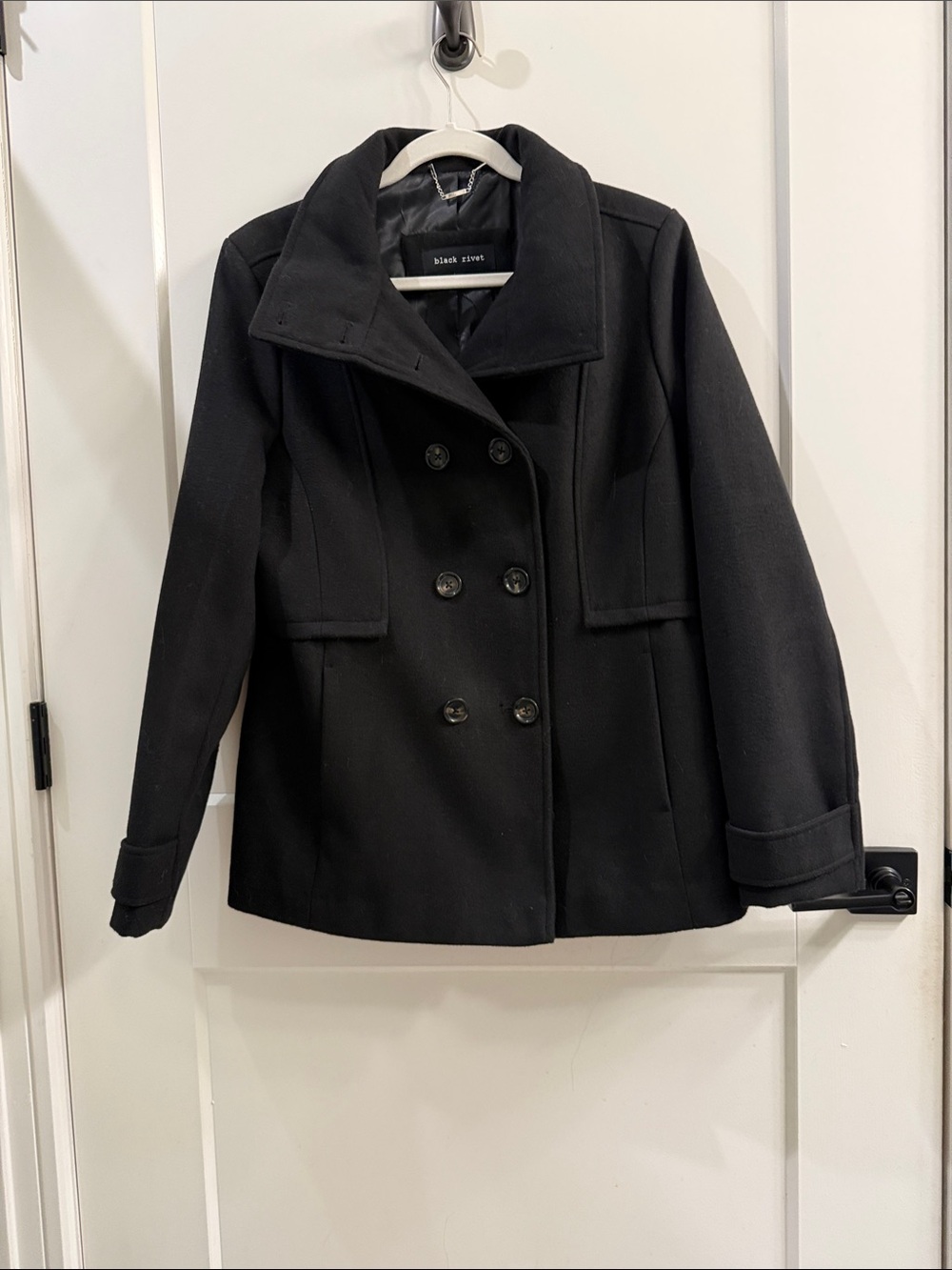 Black Rivet Black Double-Breasted Pea Coat with Wide Collar - Picture 2 of 6